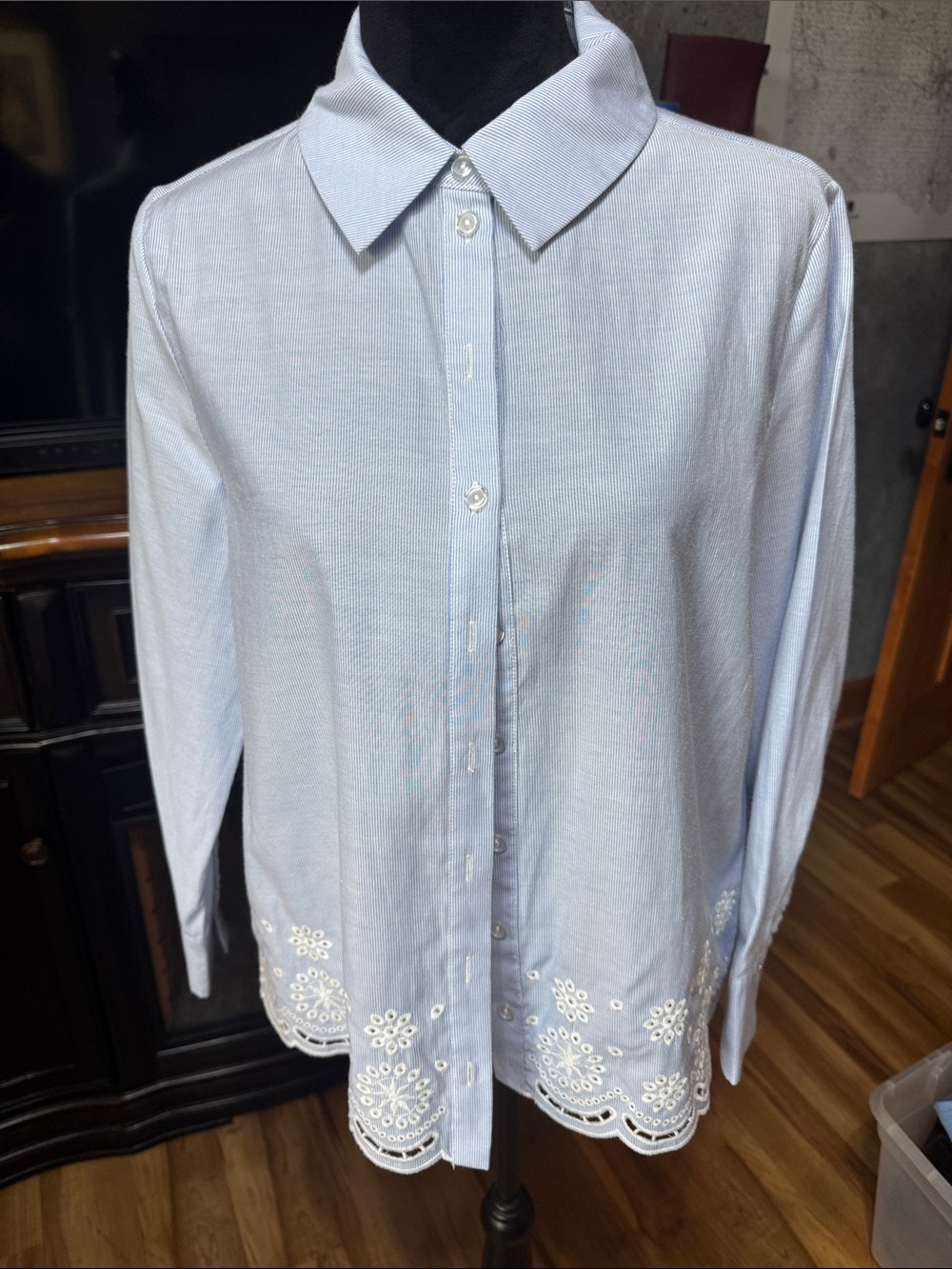 Design History Light Blue Women's-Style Embroidered Hem Button-Up Shirt